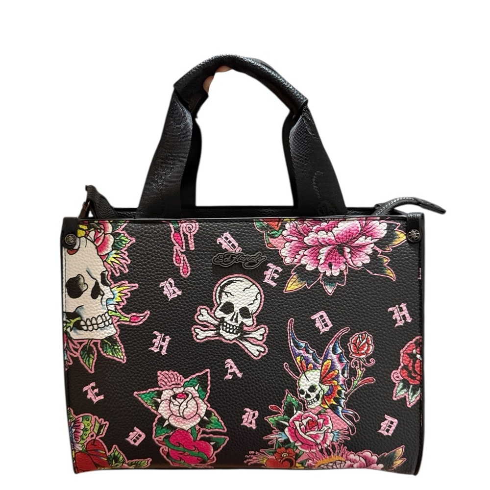 Ed Hardy Black Tote with Skull and Floral Design